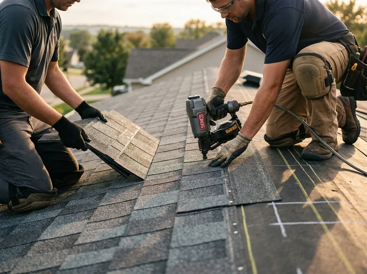 Professional roofer working on a residential roof in Fort Leonard Wood